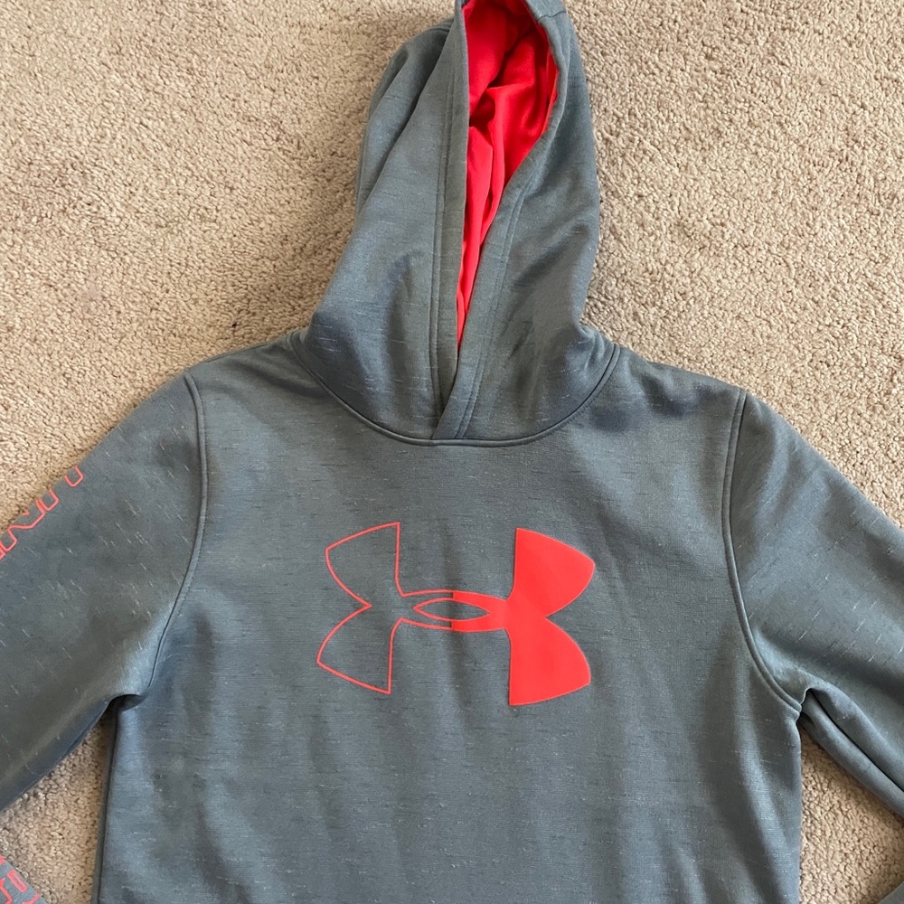 Under Armour Kids Gray Hoodie with Red Logo and Lined Hood